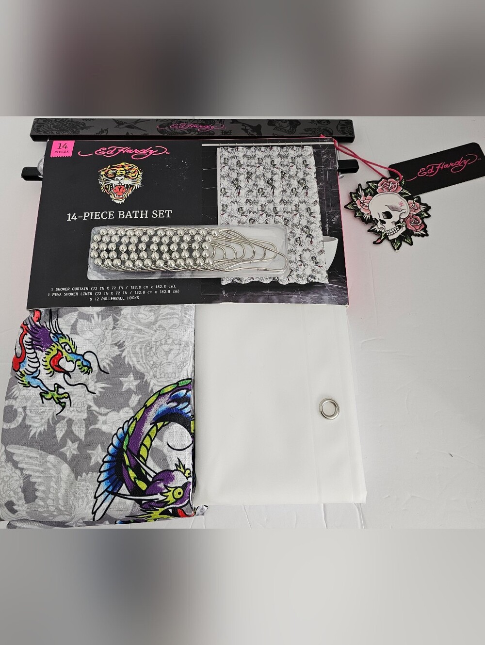 Ed Hardy 24 Piece Shower Curtain Set New With Tags! Tattoo Shadow Design
